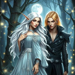 A captivating fantasy romance book cover featuring a regal white-haired elven princess and a mysterious blonde-haired elven assassin