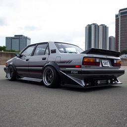 A modified Toyota Corolla KE70 model from July 1983, showcasing custom modifications such as lowered suspension, aftermarket wheels, and a sporty body kit