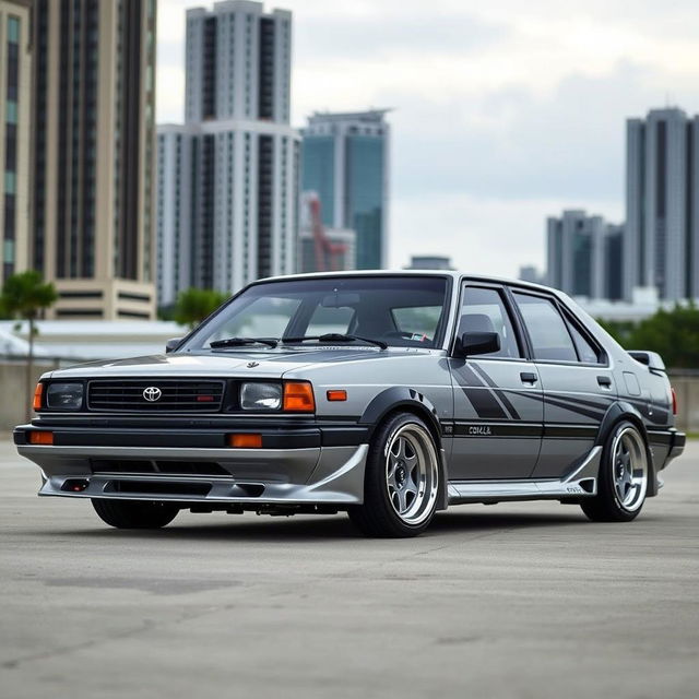 A modified Toyota Corolla KE70 model from July 1983, showcasing custom modifications such as lowered suspension, aftermarket wheels, and a sporty body kit