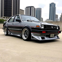 A modified Toyota Corolla KE70 model from July 1983, showcasing custom modifications such as lowered suspension, aftermarket wheels, and a sporty body kit