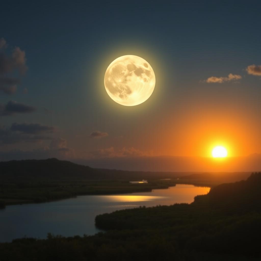 A serene landscape featuring a prominent, glowing full moon in the night sky and a radiant sun setting on the horizon, casting a warm golden glow over the scene