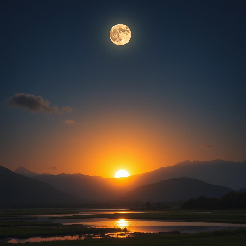 A serene landscape featuring a prominent, glowing full moon in the night sky and a radiant sun setting on the horizon, casting a warm golden glow over the scene