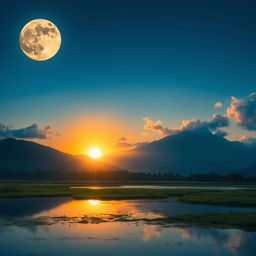 A serene landscape featuring a prominent, glowing full moon in the night sky and a radiant sun setting on the horizon, casting a warm golden glow over the scene