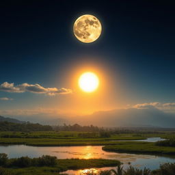 A serene landscape featuring a prominent, glowing full moon in the night sky and a radiant sun setting on the horizon, casting a warm golden glow over the scene