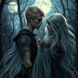 A dark romance scene between an elven assassin with short blonde hair and mesmerizing tattoos, and a princess with long, flowing white hair