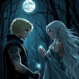 A dark romance scene between an elven assassin with short blonde hair and mesmerizing tattoos, and a princess with long, flowing white hair