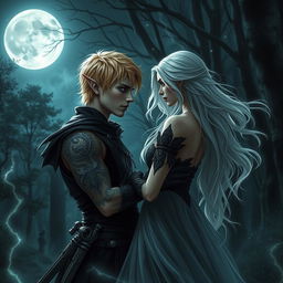 A dark romance scene between an elven assassin with short blonde hair and mesmerizing tattoos, and a princess with long, flowing white hair