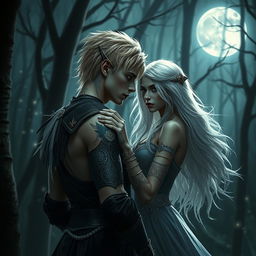 A dark romance scene between an elven assassin with short blonde hair and mesmerizing tattoos, and a princess with long, flowing white hair