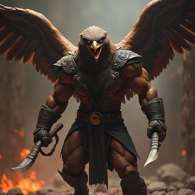 A fierce half-human, half-eagle warrior takes the form of a formidable Mortal Kombat character