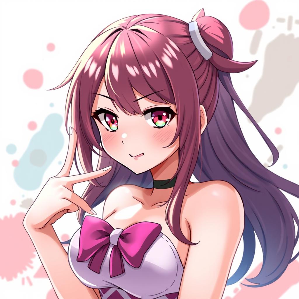 A portrait of an anime-style female character with big breasts making an ahegao expression