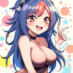 A portrait of an anime-style female character with big breasts making an ahegao expression