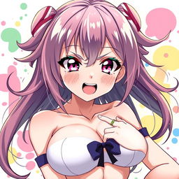 A portrait of an anime-style female character with big breasts making an ahegao expression