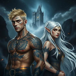 A dark romance cover featuring a short blonde-haired male assassin with intricate tattoos, standing confidently