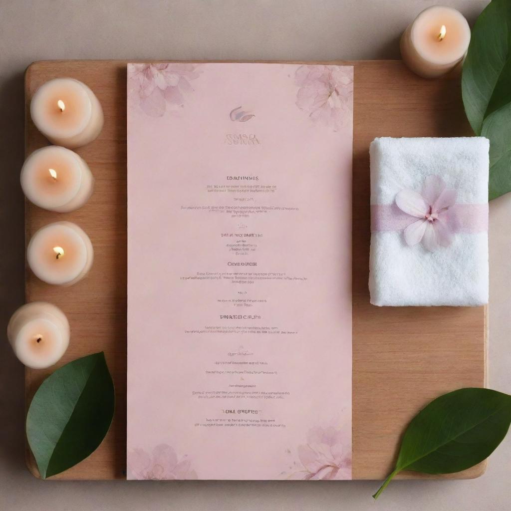 An aesthetically pleasing menu of spa services, complete with various healing and rejuvenating treatments. Each service is accompanied by comforting visuals and short vivid descriptions.