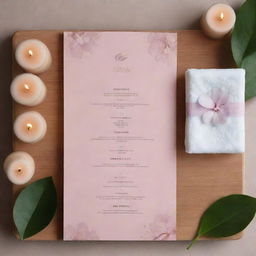 An aesthetically pleasing menu of spa services, complete with various healing and rejuvenating treatments. Each service is accompanied by comforting visuals and short vivid descriptions.