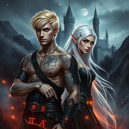 A dark romance cover featuring a short blonde-haired male assassin with intricate tattoos, standing confidently