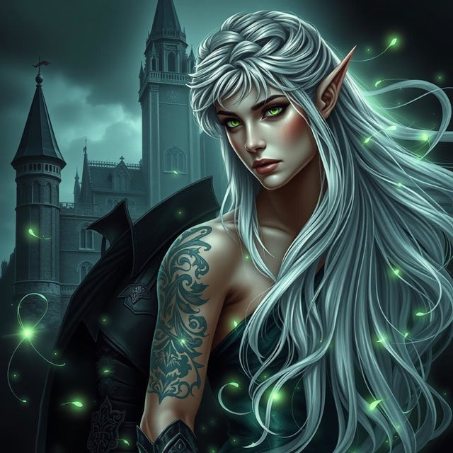 A dark romance cover featuring a green-eyed, short-haired, blonde male assassin with intricate tattoos