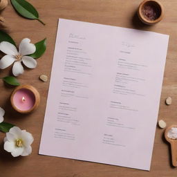 An aesthetically pleasing menu of spa services, complete with various healing and rejuvenating treatments. Each service is accompanied by comforting visuals and short vivid descriptions.