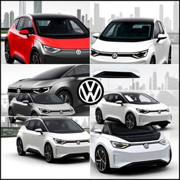 A collage featuring the Volkswagen ID3 in three distinct colors: grey, red, and white