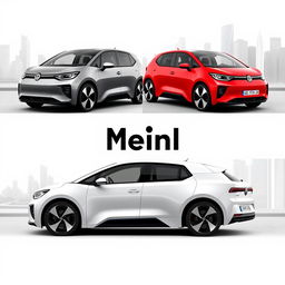 A collage featuring the Volkswagen ID3 in three distinct colors: grey, red, and white