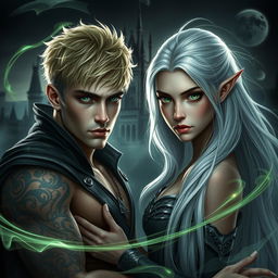 A photorealistic dark romance scene featuring a green-eyed male assassin with short blonde hair and intricate tattoos