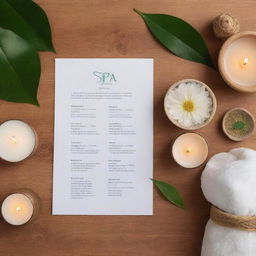 An aesthetically pleasing menu of spa services, complete with various healing and rejuvenating treatments. Each service is accompanied by comforting visuals and short vivid descriptions.