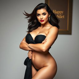 A confident and striking woman with an alluring figure, featuring a voluptuous bust and curvaceous hips, standing in a captivating pose