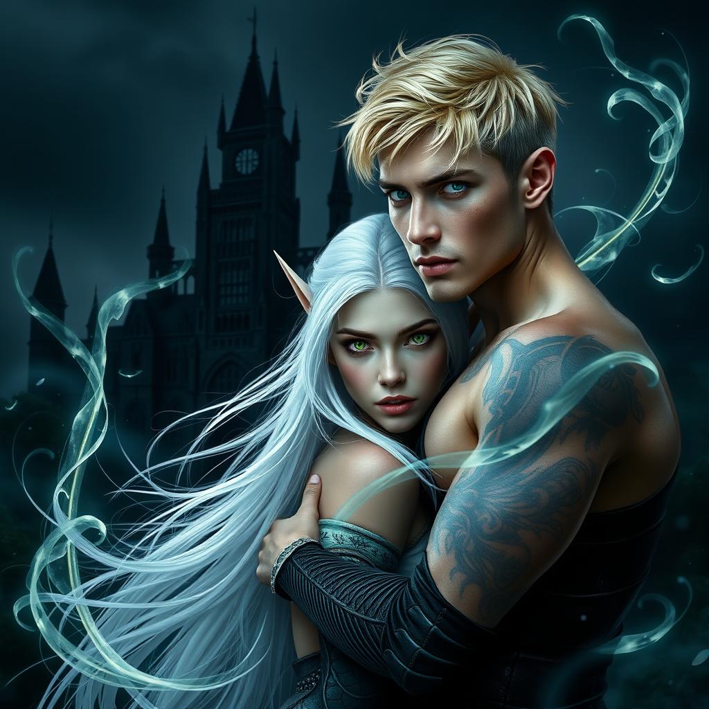 Dark romance book cover featuring a photorealistic scene of a green-eyed male assassin with short blonde hair and tattoos, standing beside a long white-haired elven princess with striking green eyes