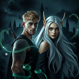 Dark romance book cover featuring a photorealistic scene of a green-eyed male assassin with short blonde hair and tattoos, standing beside a long white-haired elven princess with striking green eyes