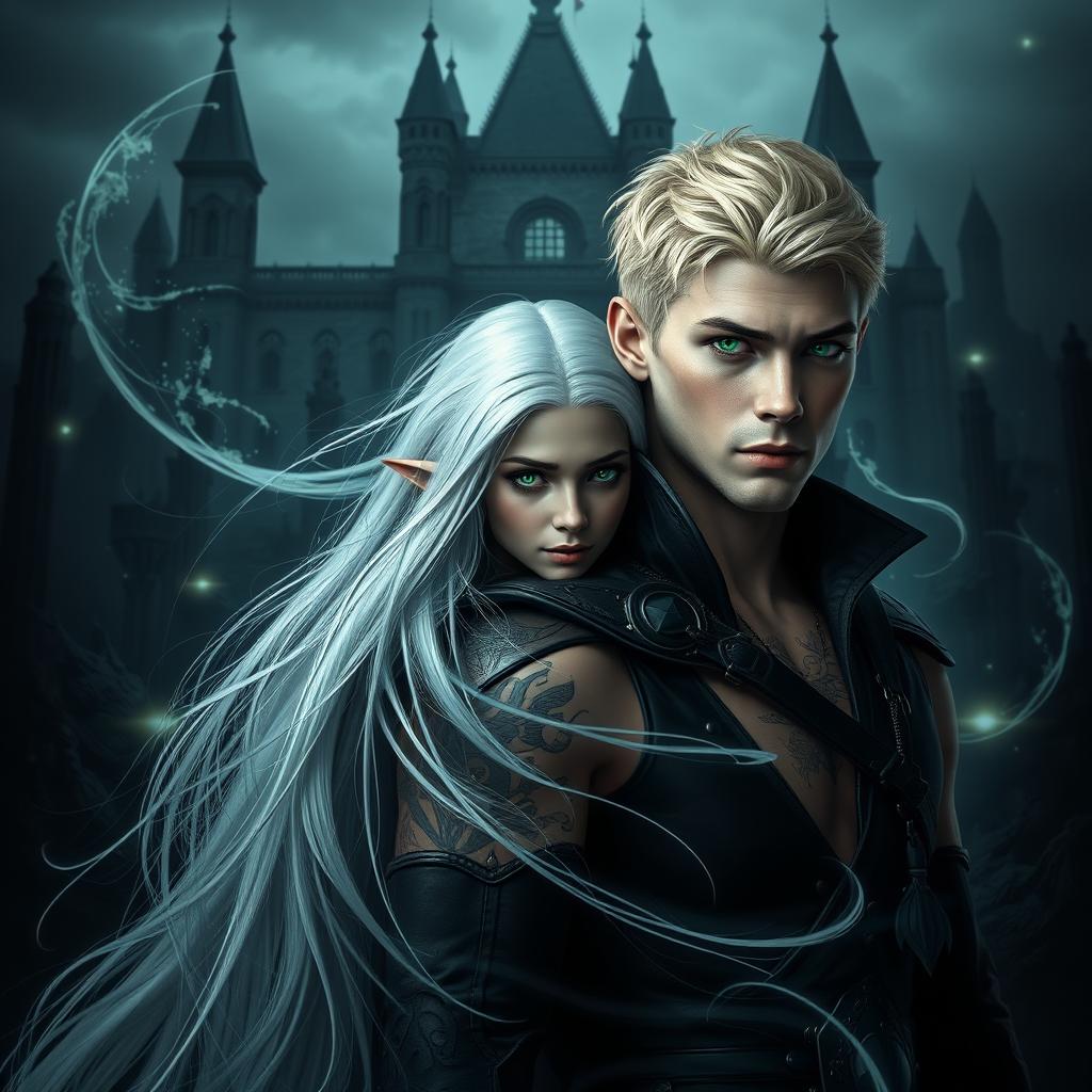 Dark romance book cover featuring a photorealistic scene of a green-eyed male assassin with short blonde hair and tattoos, standing beside a long white-haired elven princess with striking green eyes