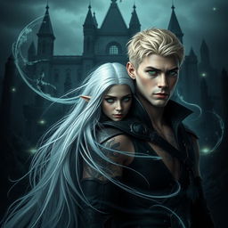 Dark romance book cover featuring a photorealistic scene of a green-eyed male assassin with short blonde hair and tattoos, standing beside a long white-haired elven princess with striking green eyes