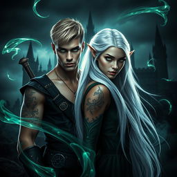 Dark romance book cover featuring a photorealistic scene of a green-eyed male assassin with short blonde hair and tattoos, standing beside a long white-haired elven princess with striking green eyes