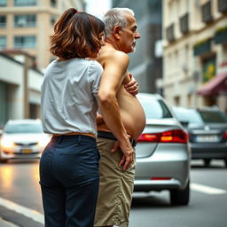 a woman with her back turned, wearing short shorts, highlighting her curvaceous figure, gently holding the stomach of an elderly man who is facing forward, looking directly at the camera, with a street scene as the background, capturing an urban environment with buildings and passing cars adding lively dynamics to the scene