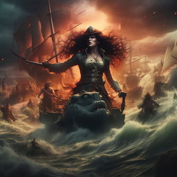 A vibrant book cover featuring a fierce pirate battle against majestic mermaids in a raging sea under a dramatic sky.