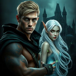 A captivating dark romance cover featuring a photorealistic male assassin with short blonde hair and striking green eyes