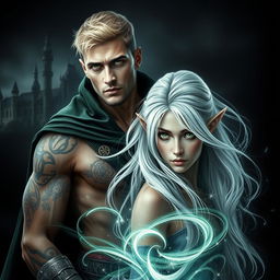 A captivating dark romance cover featuring a photorealistic male assassin with short blonde hair and striking green eyes