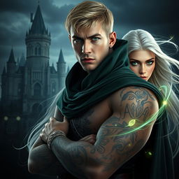 A captivating dark romance cover featuring a photorealistic male assassin with short blonde hair and striking green eyes