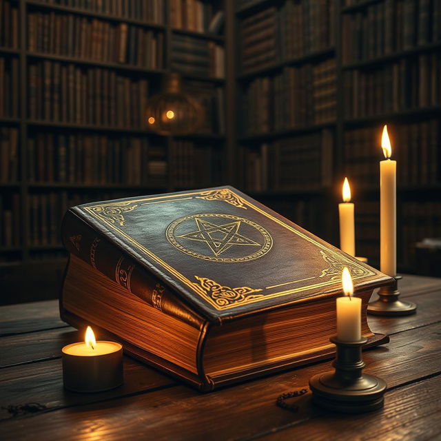 A mysterious and ancient-looking book with ornate gold leaf detailing, leatherbound with an embossed pentagram on the cover, surrounded by gently flickering candles casting warm, soft light