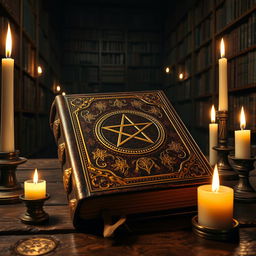 A mysterious and ancient-looking book with ornate gold leaf detailing, leatherbound with an embossed pentagram on the cover, surrounded by gently flickering candles casting warm, soft light