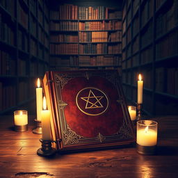 A mysterious and ancient-looking book with ornate gold leaf detailing, leatherbound with an embossed pentagram on the cover, surrounded by gently flickering candles casting warm, soft light