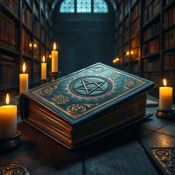 A mysterious and ancient-looking book with ornate gold leaf detailing, leatherbound with an embossed pentagram on the cover, surrounded by gently flickering candles casting warm, soft light