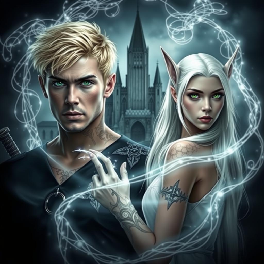 A dark romance cover featuring a photorealistic depiction of a green-eyed male assassin with short blonde hair and tattoos