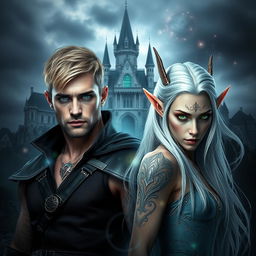 A dark romance cover featuring a photorealistic depiction of a green-eyed male assassin with short blonde hair and tattoos