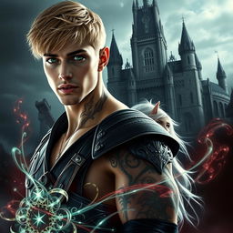 A dark romance cover featuring a photorealistic depiction of a green-eyed male assassin with short blonde hair and tattoos