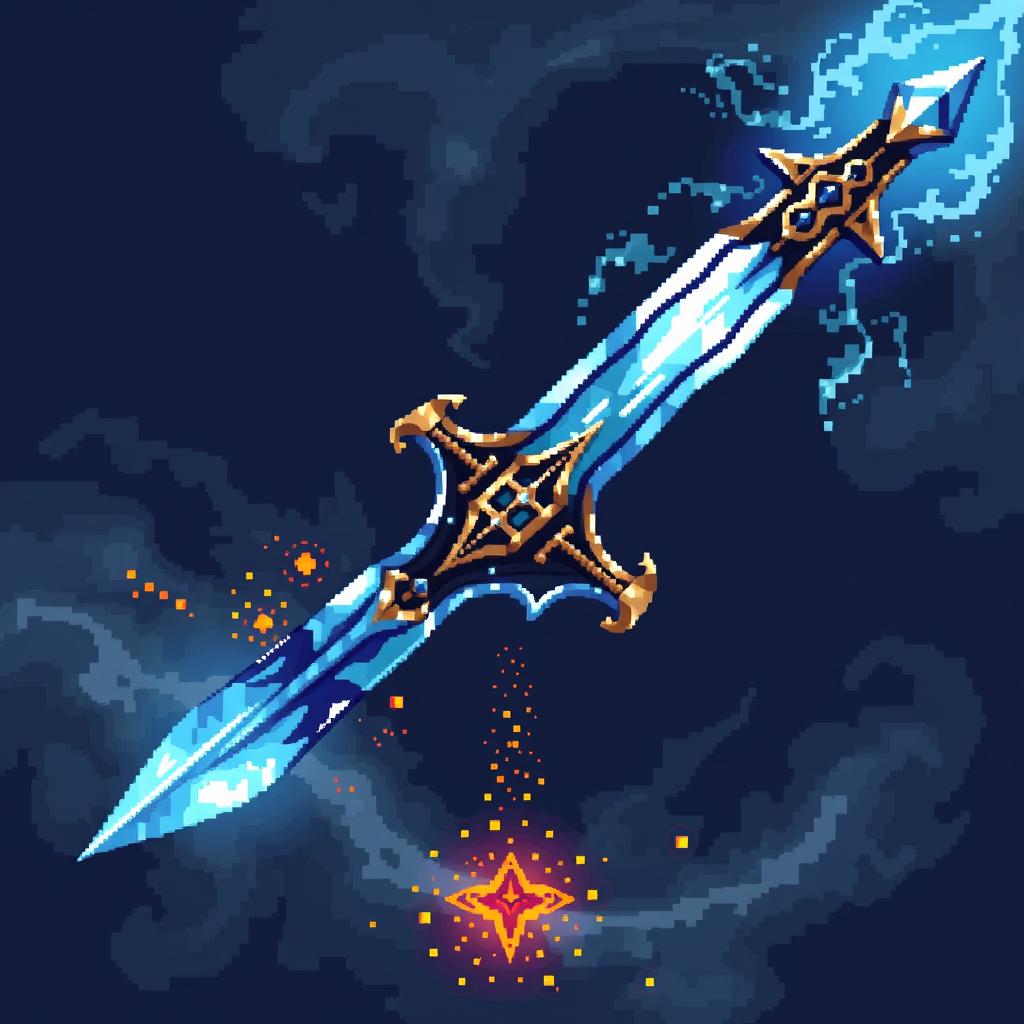 A rare, intricately designed sword with shimmering blades and ornate hilt, crafted pixel by pixel in a 32x32 pixel art style, emphasizing metallic reflections and a mystical aura around the weapon