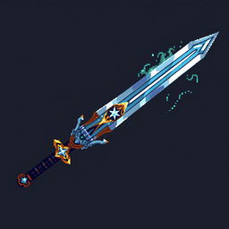 A rare, intricately designed sword with shimmering blades and ornate hilt, crafted pixel by pixel in a 32x32 pixel art style, emphasizing metallic reflections and a mystical aura around the weapon