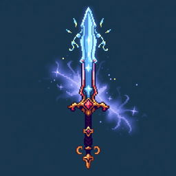 A rare, intricately designed sword with shimmering blades and ornate hilt, crafted pixel by pixel in a 32x32 pixel art style, emphasizing metallic reflections and a mystical aura around the weapon