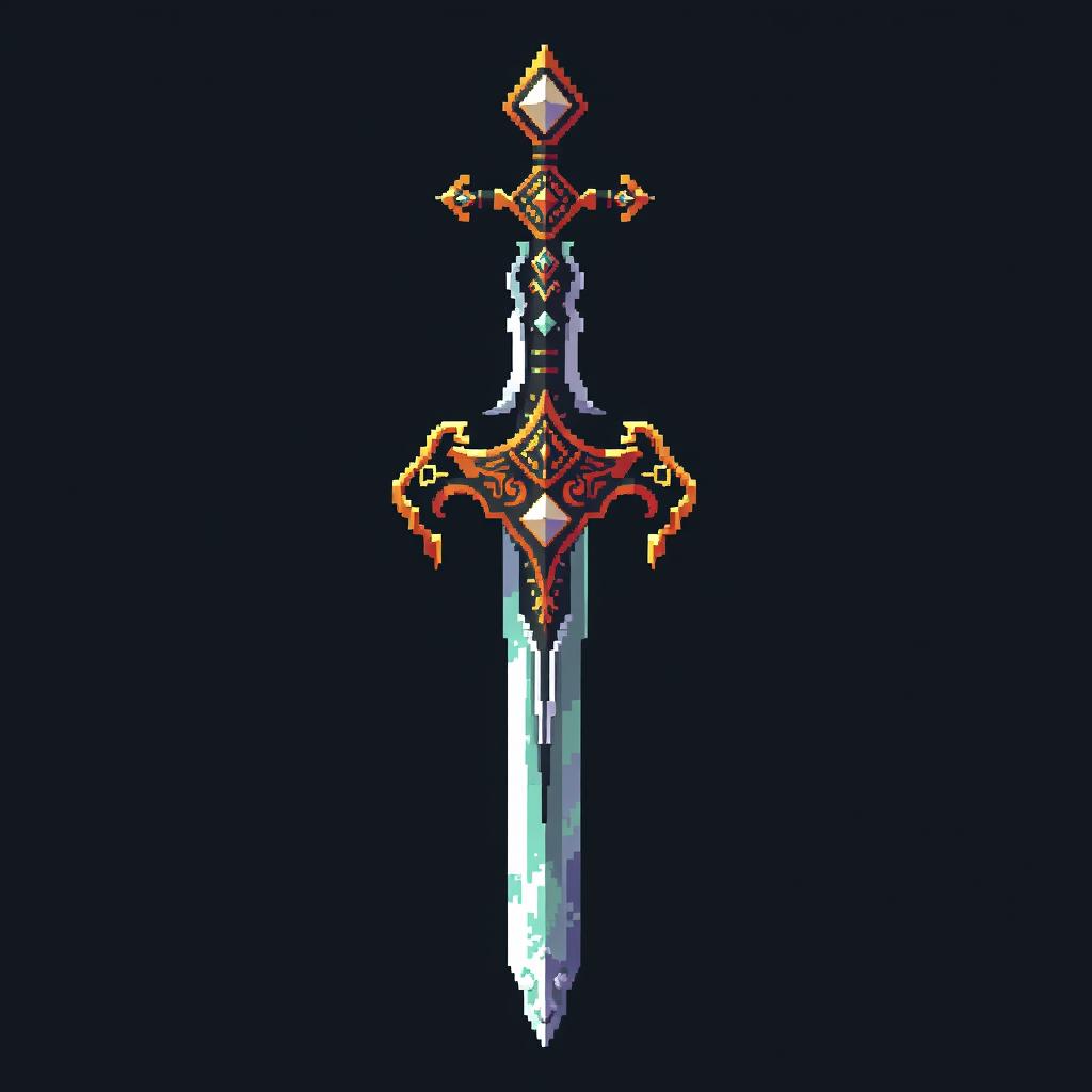 A rare, intricately designed sword with shimmering blades and ornate hilt, crafted pixel by pixel in a 32x32 pixel art style, emphasizing metallic reflections and a mystical aura around the weapon