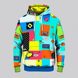 A vibrant collage hoodie featuring an eclectic mix of abstract patterns, geometric shapes, and pop art elements