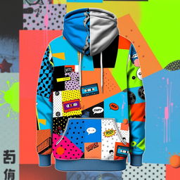 A vibrant collage hoodie featuring an eclectic mix of abstract patterns, geometric shapes, and pop art elements